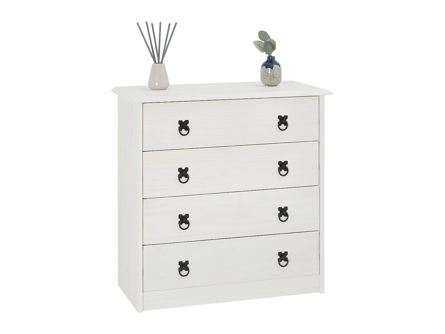 Commode en pin RESIDENCIA 4 grands tiroirs buffet bahut vaisselier en bois style mexicain, lasuré blanc
