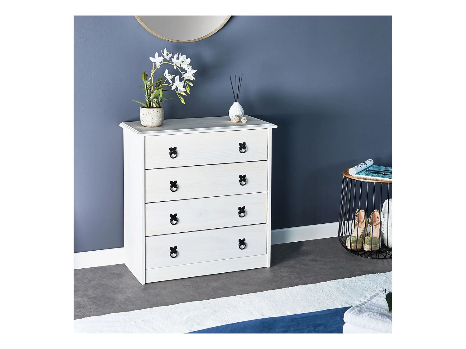 Commode en pin RESIDENCIA 4 grands tiroirs buffet bahut vaisselier en bois style mexicain, lasuré blanc