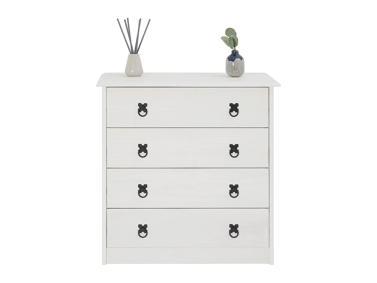 Commode en pin RESIDENCIA 4 grands tiroirs buffet bahut vaisselier en bois style mexicain, lasuré blanc