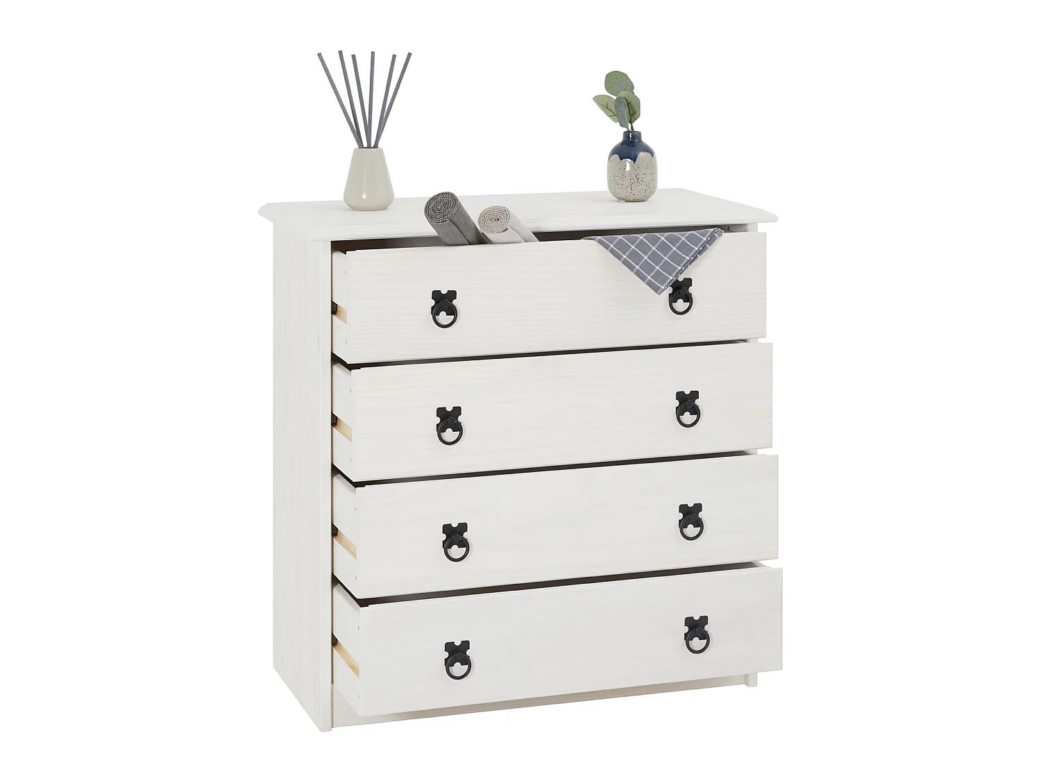 Commode en pin RESIDENCIA 4 grands tiroirs buffet bahut vaisselier en bois style mexicain, lasuré blanc