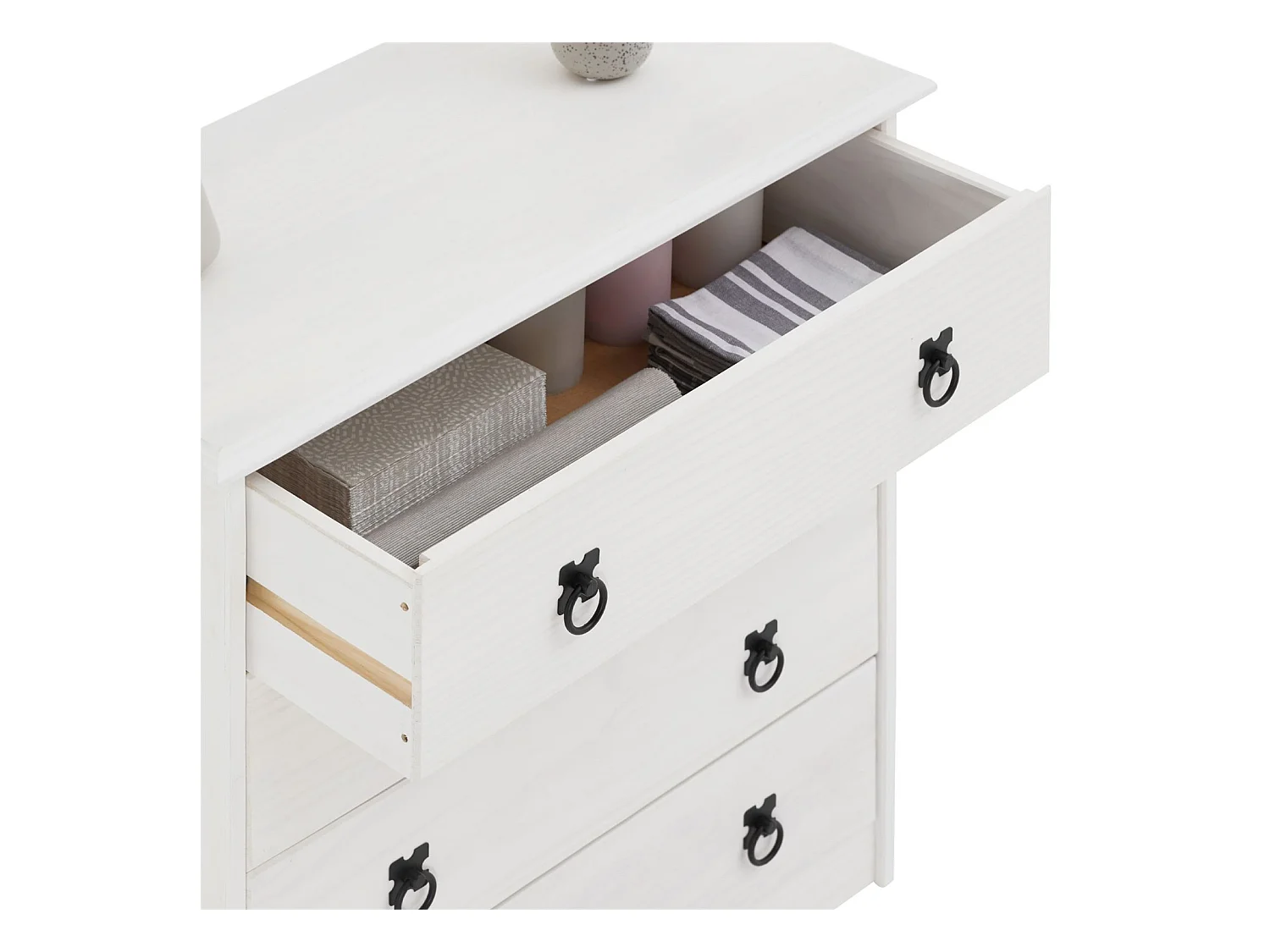 Commode en pin RESIDENCIA 4 grands tiroirs buffet bahut vaisselier en bois style mexicain, lasuré blanc