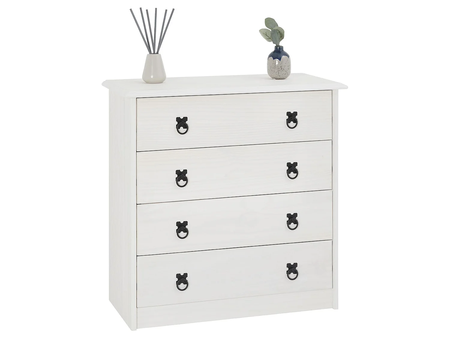 Commode en pin RESIDENCIA 4 grands tiroirs buffet bahut vaisselier en bois style mexicain, lasuré blanc