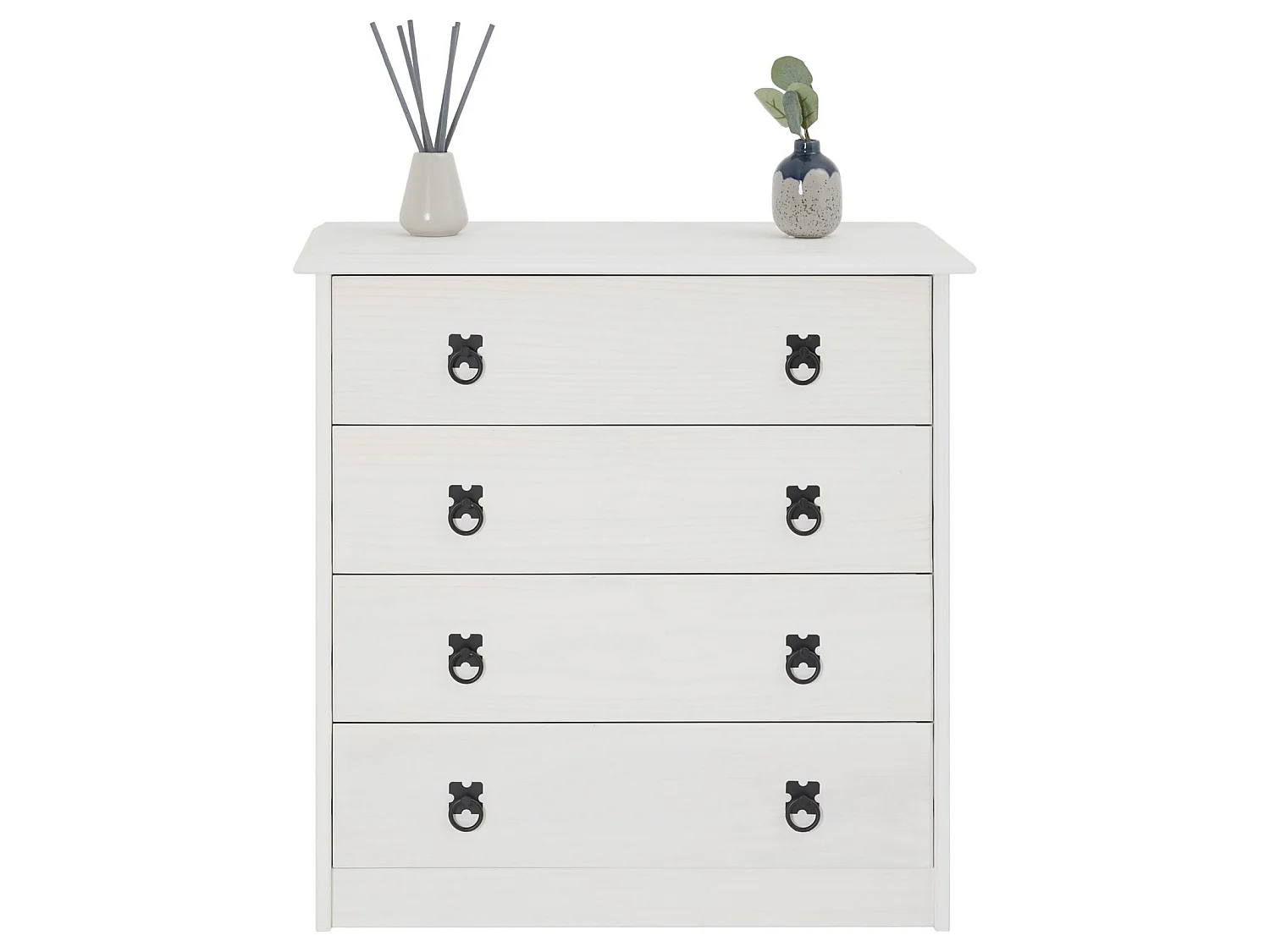 Commode en pin RESIDENCIA 4 grands tiroirs buffet bahut vaisselier en bois style mexicain, lasuré blanc
