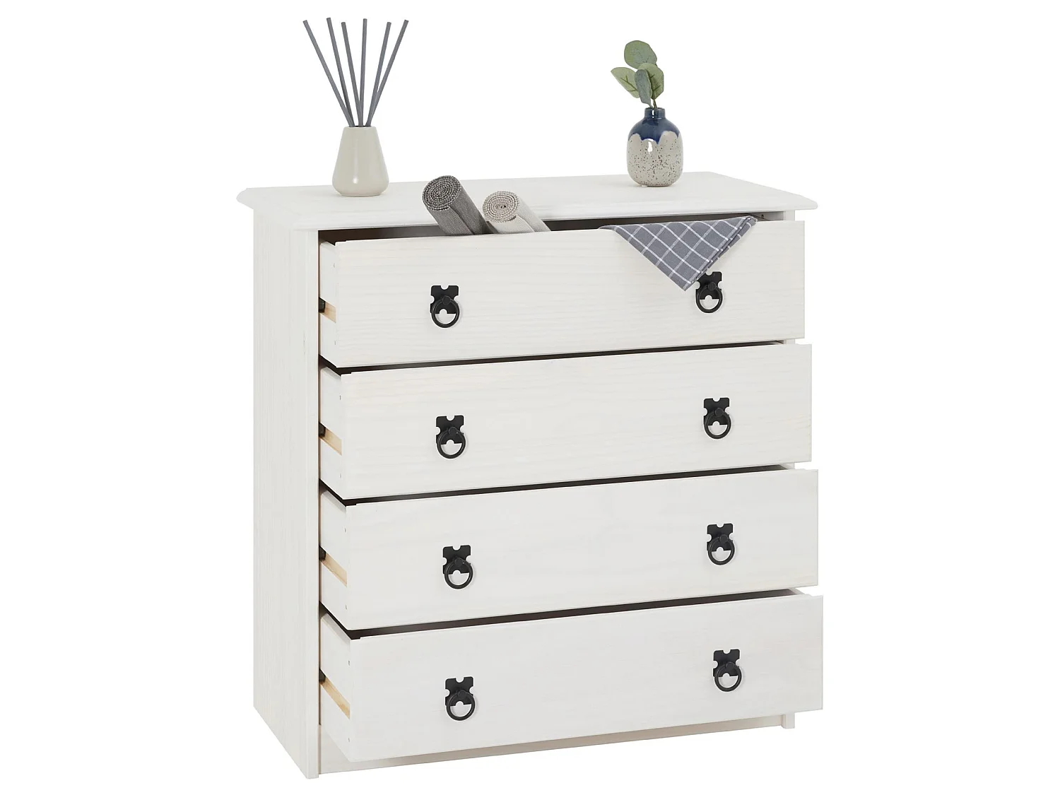 Commode en pin RESIDENCIA 4 grands tiroirs buffet bahut vaisselier en bois style mexicain, lasuré blanc
