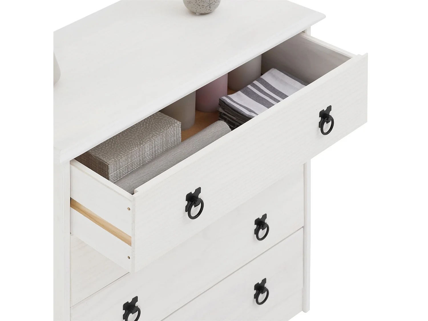 Commode en pin RESIDENCIA 4 grands tiroirs buffet bahut vaisselier en bois style mexicain, lasuré blanc