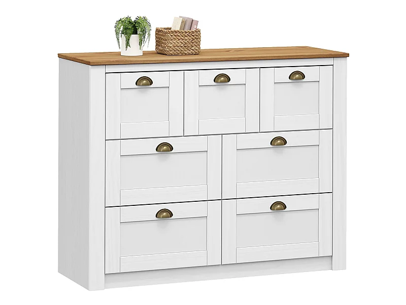 Commode chambre BOLTON L 110 cm en bois massif lasuré blanc et brun 7 tiroirs meuble de rangement adulte buffet
