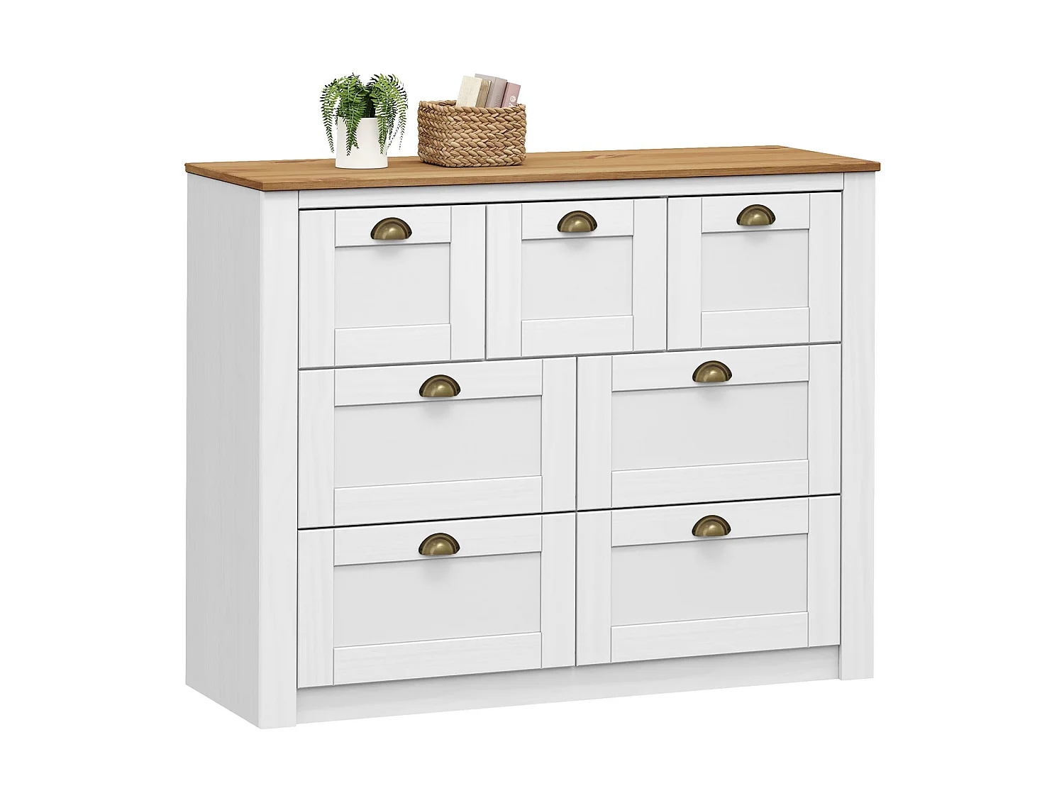Commode chambre BOLTON L 110 cm en bois massif lasuré blanc et brun 7 tiroirs meuble de rangement adulte buffet