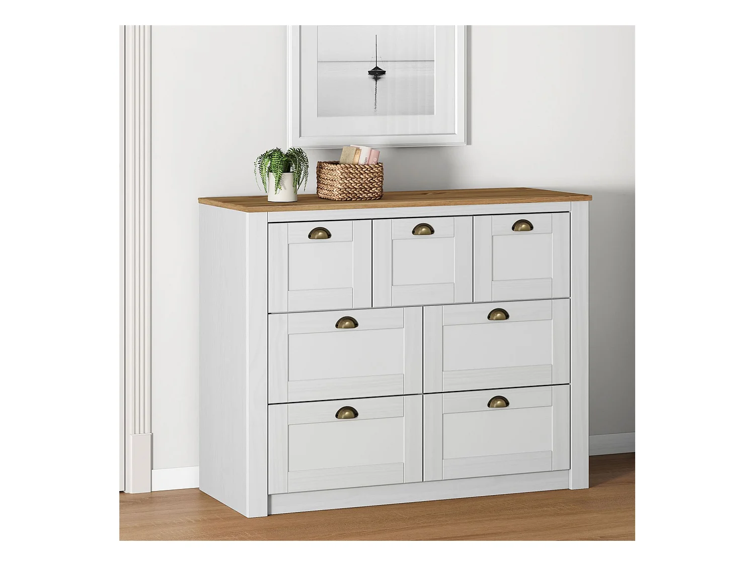 Commode chambre BOLTON L 110 cm en bois massif lasuré blanc et brun 7 tiroirs meuble de rangement adulte buffet