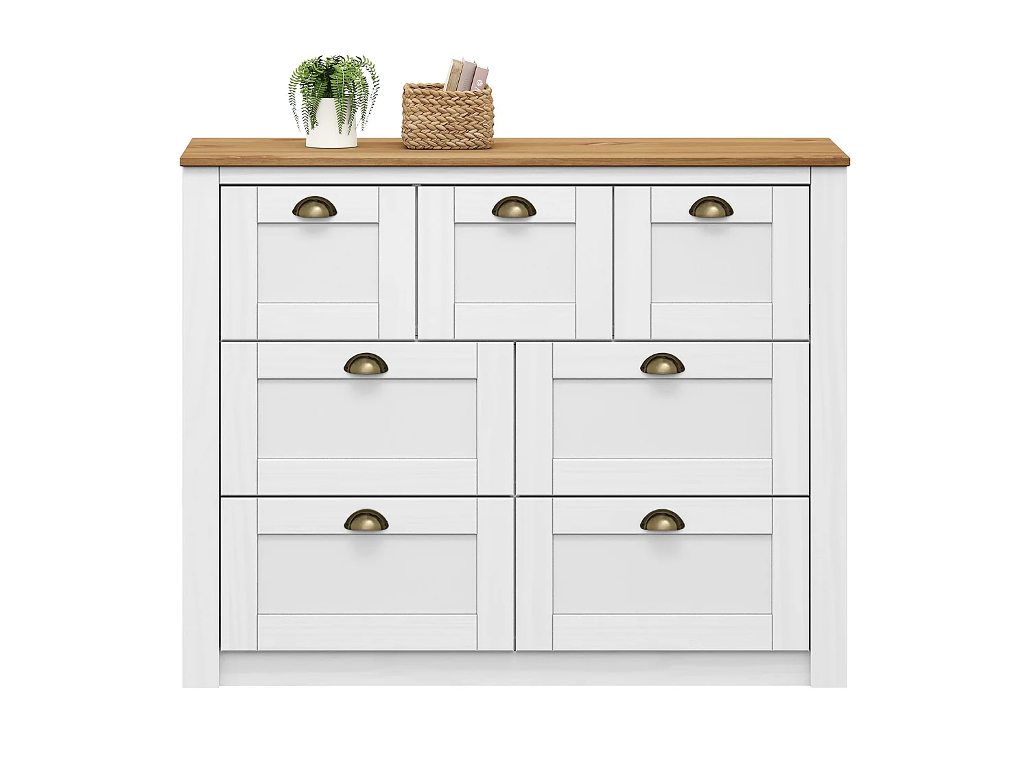Commode chambre BOLTON L 110 cm en bois massif lasuré blanc et brun 7 tiroirs meuble de rangement adulte buffet