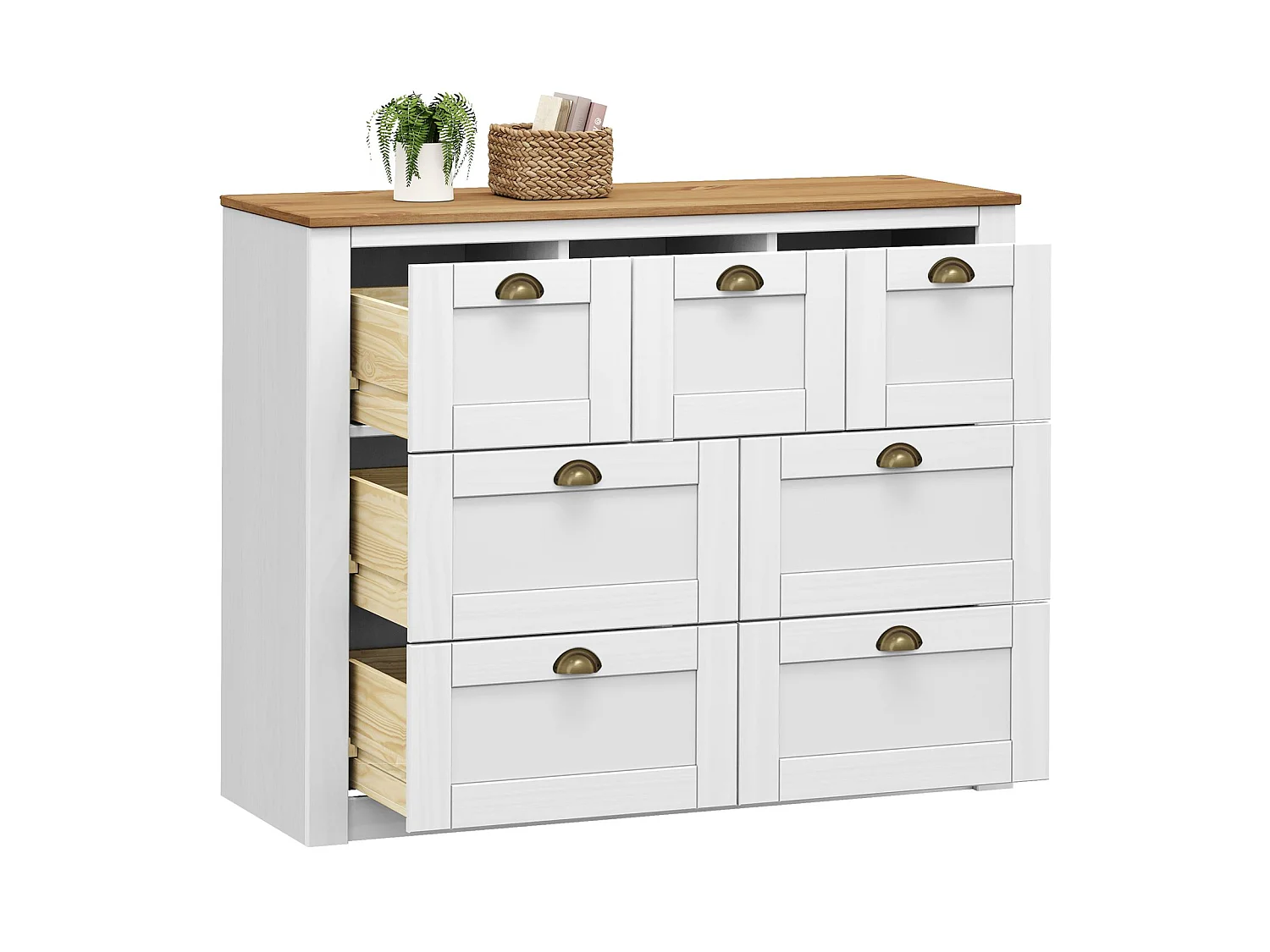 Commode chambre BOLTON L 110 cm en bois massif lasuré blanc et brun 7 tiroirs meuble de rangement adulte buffet