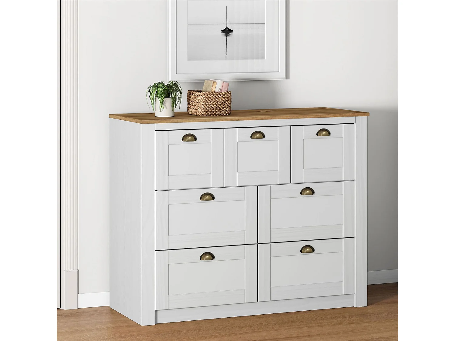 Commode chambre BOLTON L 110 cm en bois massif lasuré blanc et brun 7 tiroirs meuble de rangement adulte buffet