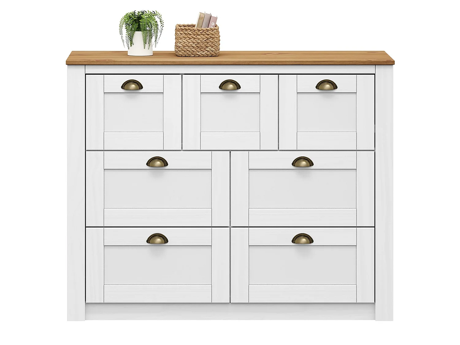 Commode chambre BOLTON L 110 cm en bois massif lasuré blanc et brun 7 tiroirs meuble de rangement adulte buffet