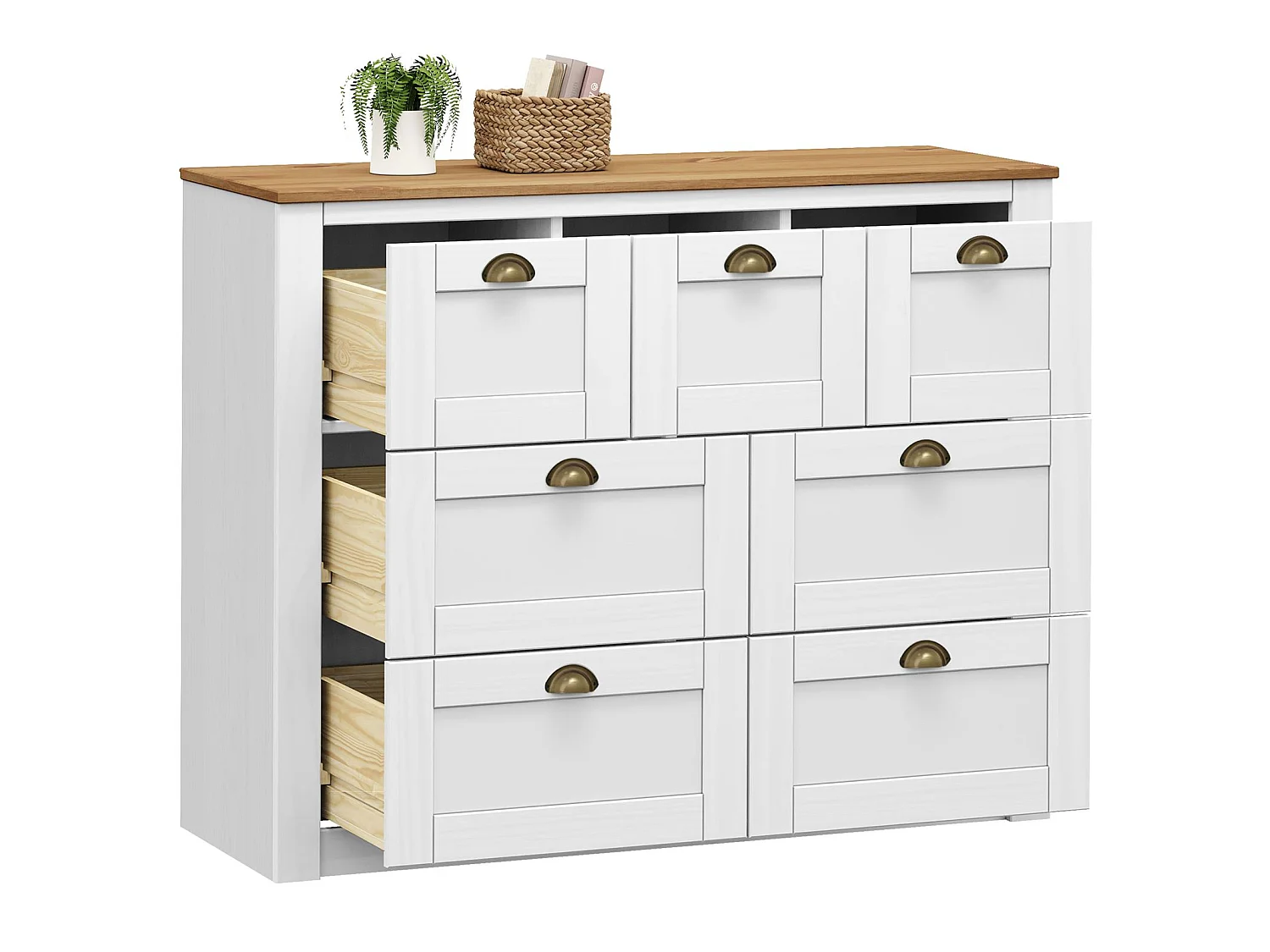 Commode chambre BOLTON L 110 cm en bois massif lasuré blanc et brun 7 tiroirs meuble de rangement adulte buffet