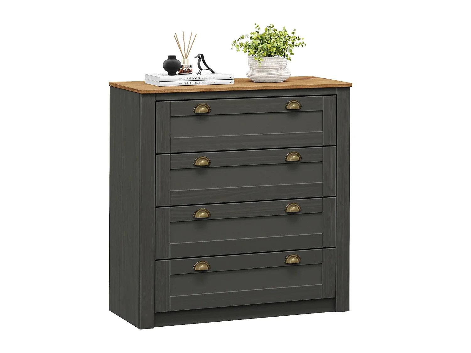 Commode chambre BOLTON L 91 cm en bois massif  gris anthracite et brun avec 4 grands tiroirs et poignées style campagne