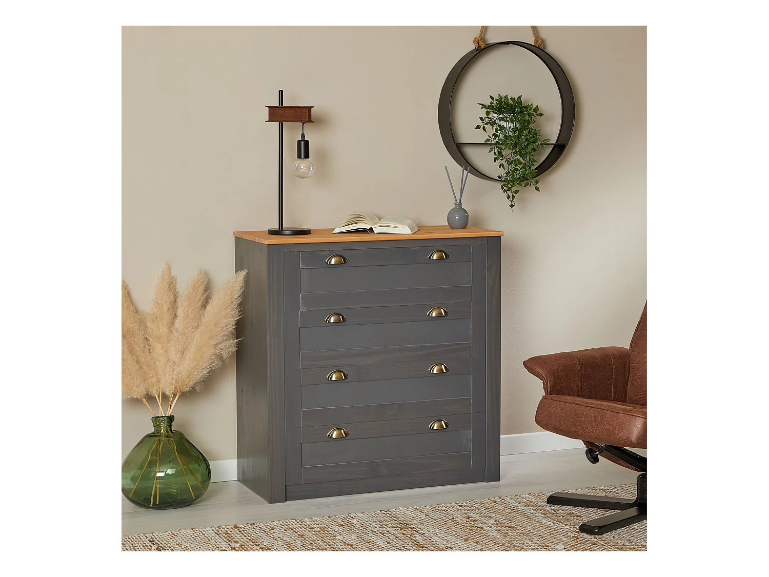 Commode chambre BOLTON L 91 cm en bois massif  gris anthracite et brun avec 4 grands tiroirs et poignées style campagne