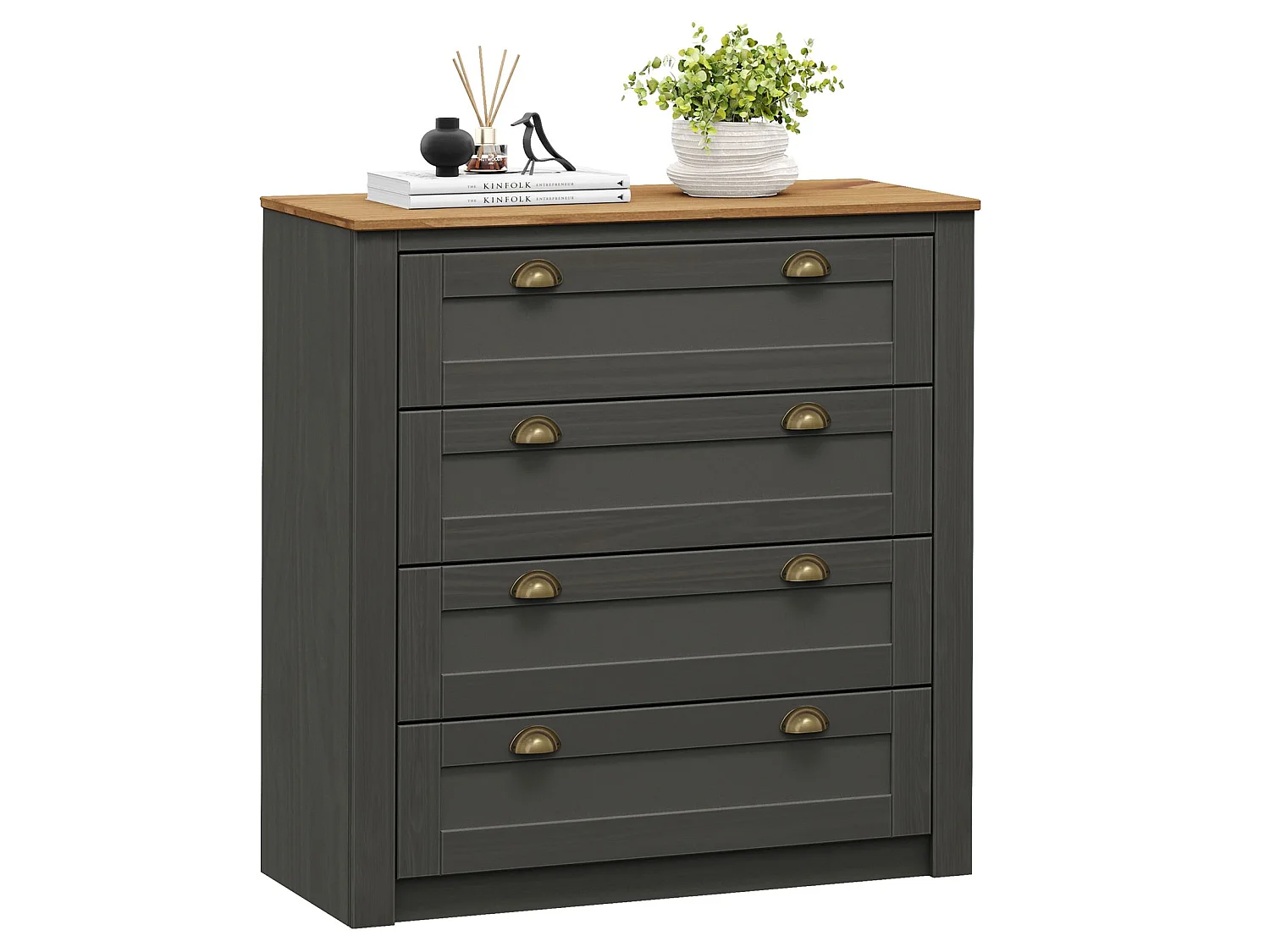 Commode chambre BOLTON L 91 cm en bois massif  gris anthracite et brun avec 4 grands tiroirs et poignées style campagne