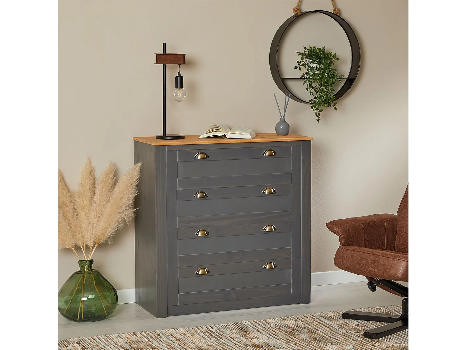 Commode chambre BOLTON L 91 cm en bois massif  gris anthracite et brun avec 4 grands tiroirs et poignées style campagne