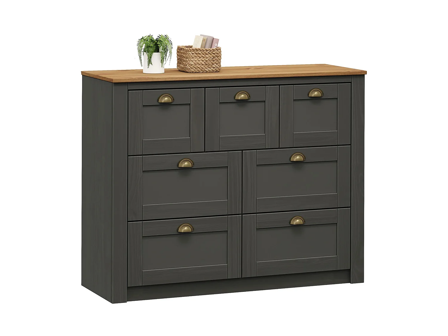 Commode chambre BOLTON L 110 cm en bois massif lasuré gris anthracite et brun 7 tiroirs meuble de rangement buffet