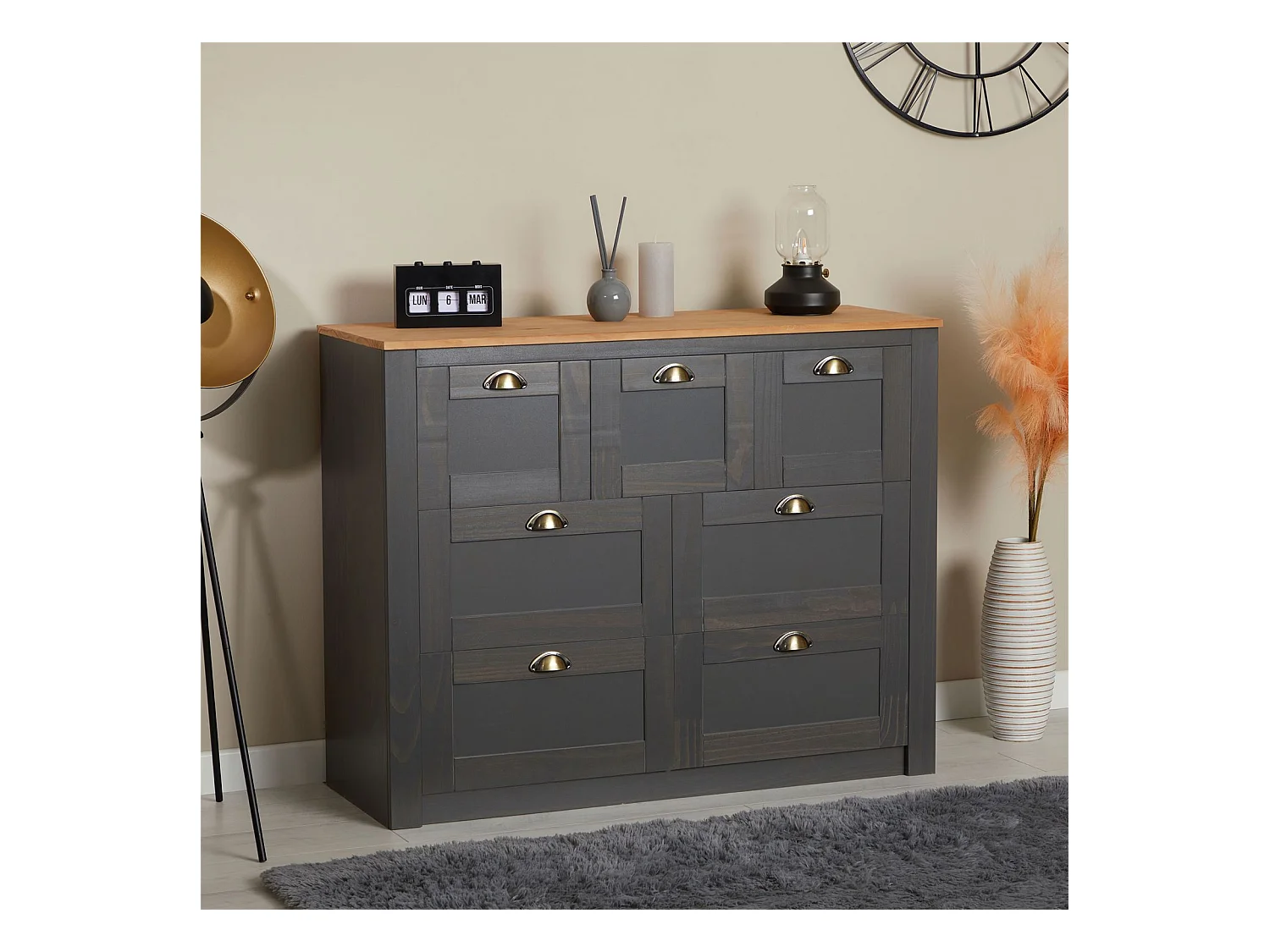 Commode chambre BOLTON L 110 cm en bois massif lasuré gris anthracite et brun 7 tiroirs meuble de rangement buffet