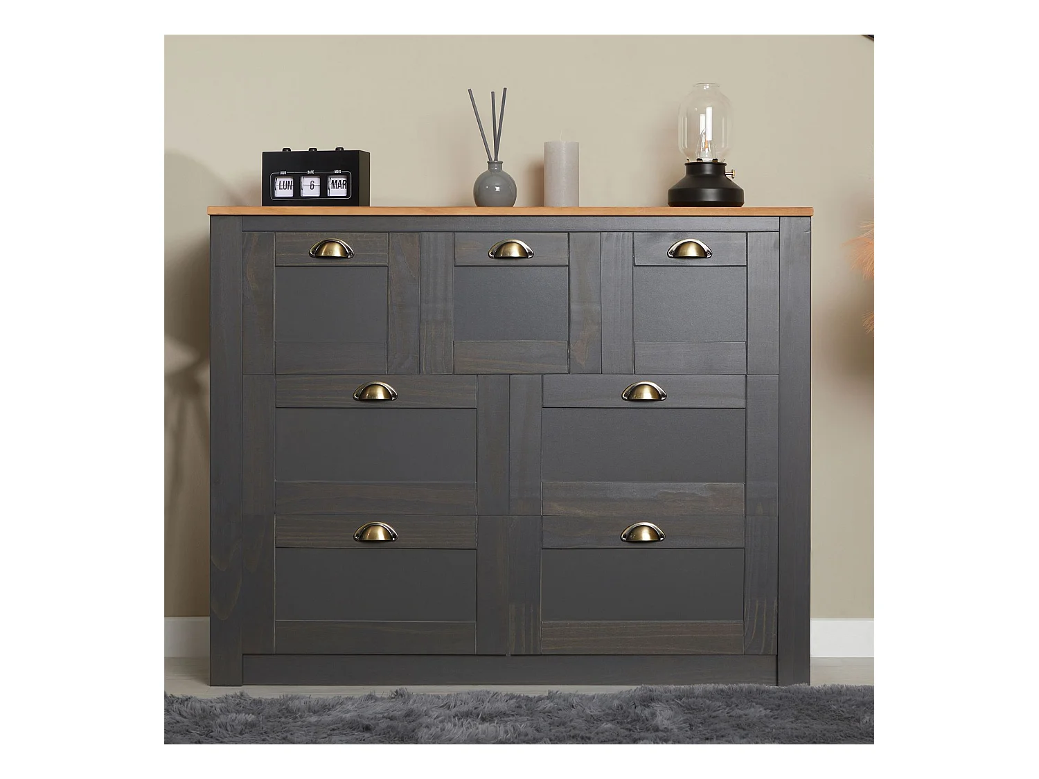 Commode chambre BOLTON L 110 cm en bois massif lasuré gris anthracite et brun 7 tiroirs meuble de rangement buffet