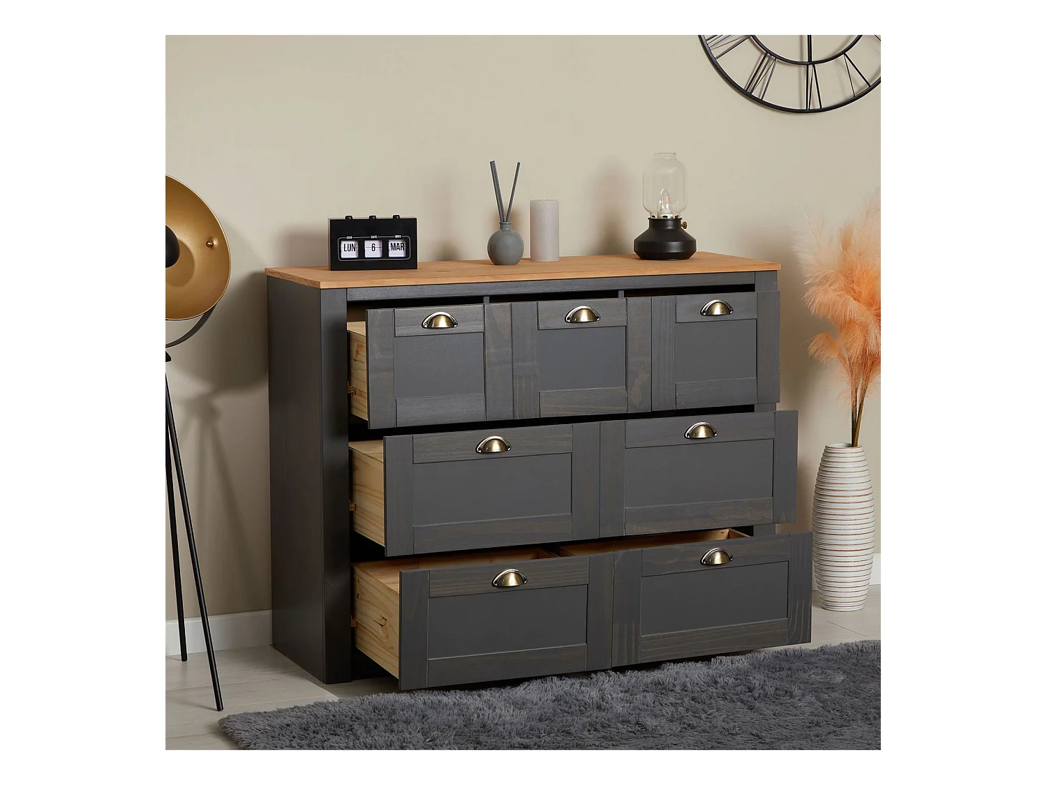 Commode chambre BOLTON L 110 cm en bois massif lasuré gris anthracite et brun 7 tiroirs meuble de rangement buffet
