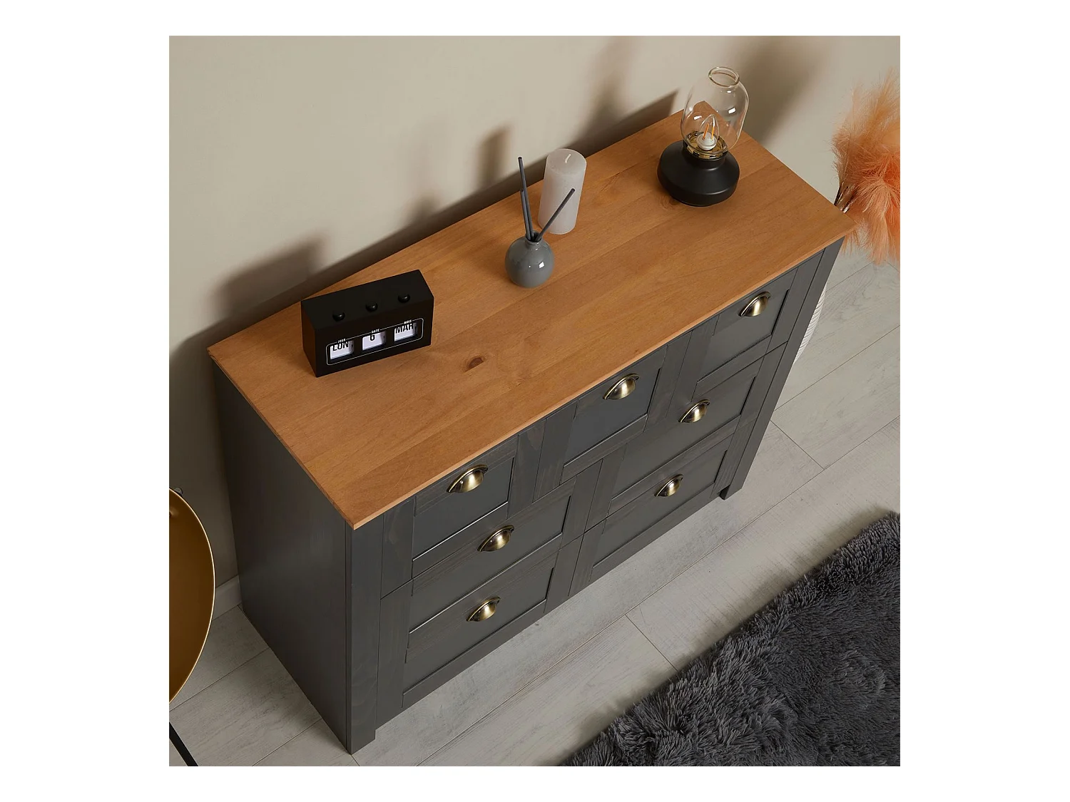 Commode chambre BOLTON L 110 cm en bois massif lasuré gris anthracite et brun 7 tiroirs meuble de rangement buffet