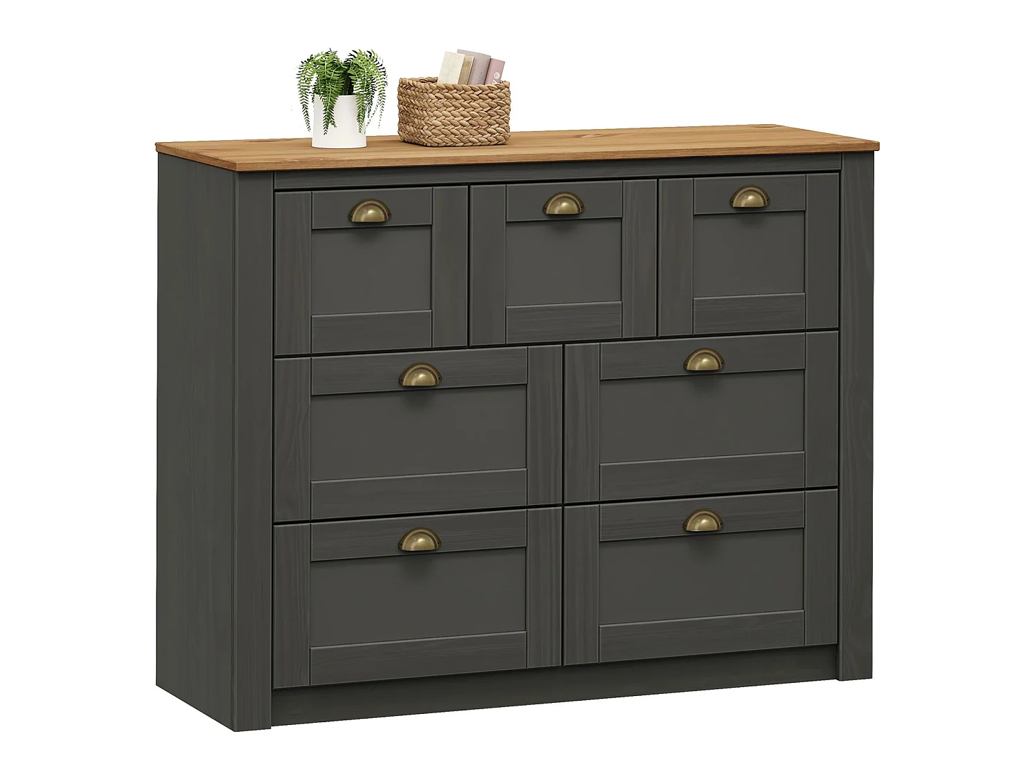Commode chambre BOLTON L 110 cm en bois massif lasuré gris anthracite et brun 7 tiroirs meuble de rangement buffet