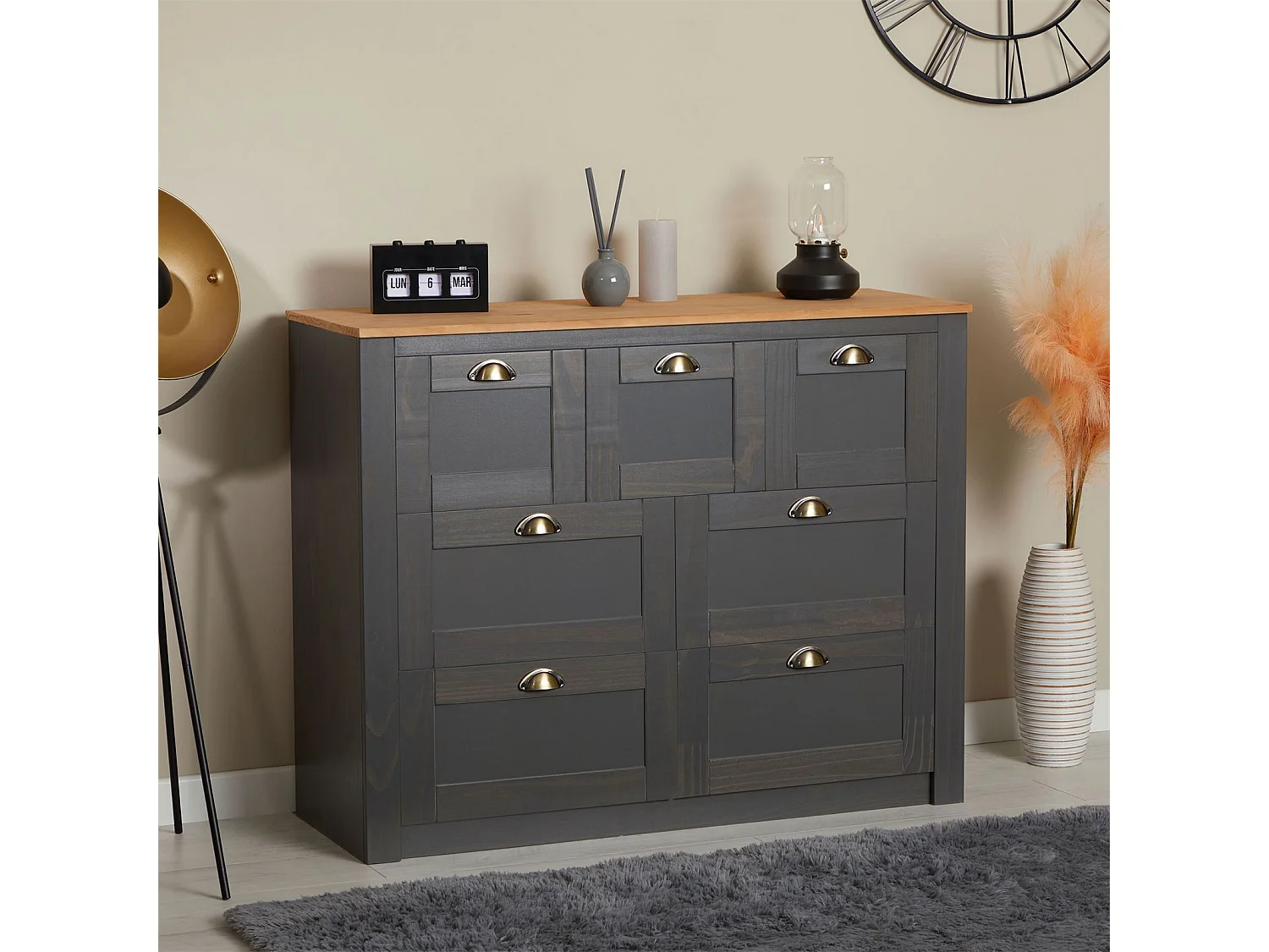 Commode chambre BOLTON L 110 cm en bois massif lasuré gris anthracite et brun 7 tiroirs meuble de rangement buffet
