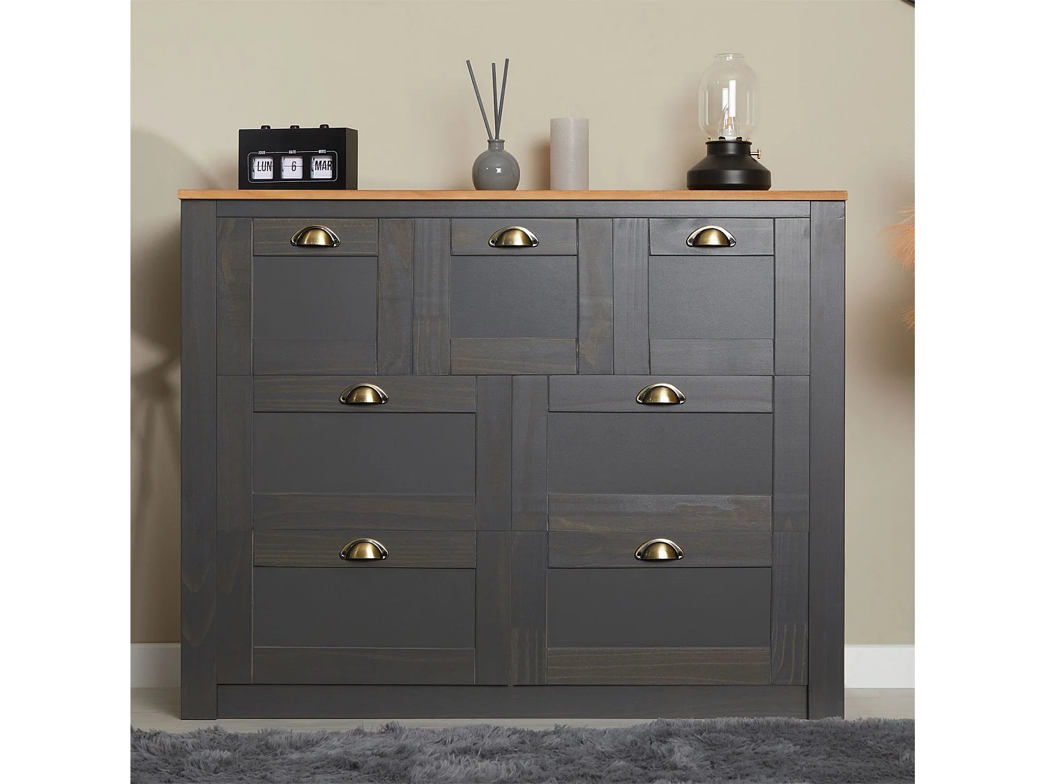 Commode chambre BOLTON L 110 cm en bois massif lasuré gris anthracite et brun 7 tiroirs meuble de rangement buffet