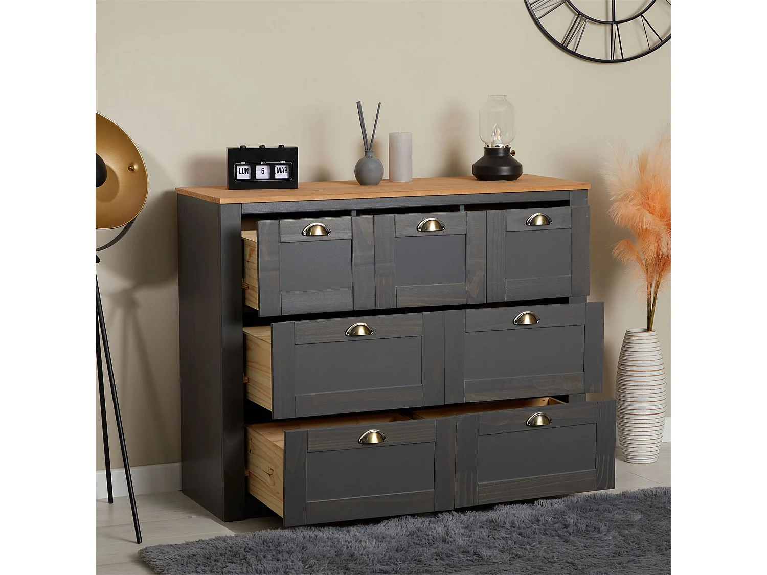 Commode chambre BOLTON L 110 cm en bois massif lasuré gris anthracite et brun 7 tiroirs meuble de rangement buffet