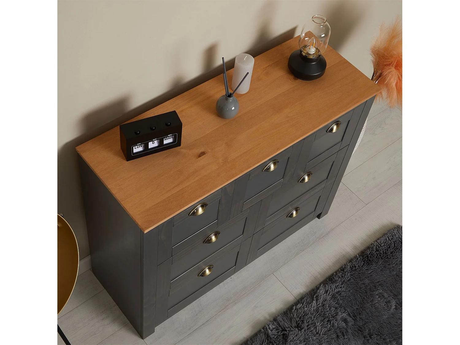 Commode chambre BOLTON L 110 cm en bois massif lasuré gris anthracite et brun 7 tiroirs meuble de rangement buffet