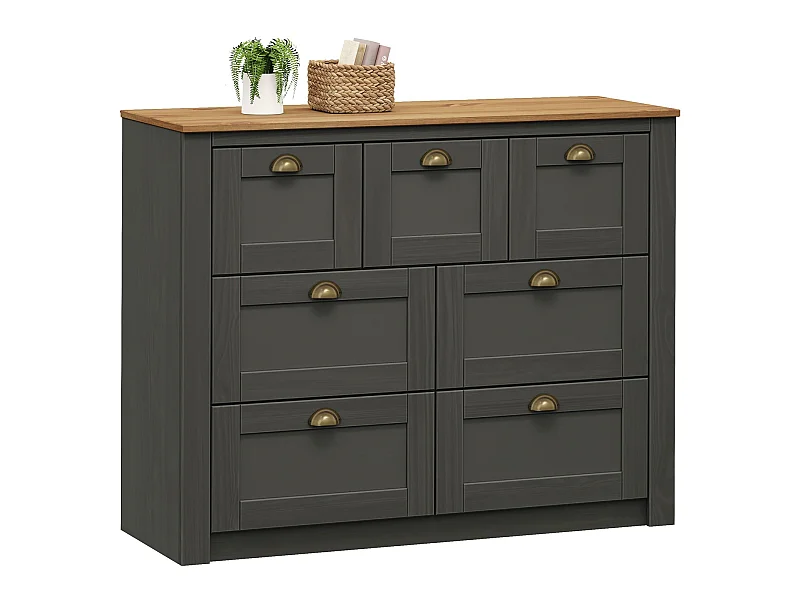 Commode chambre BOLTON L 110 cm en bois massif lasuré gris anthracite et brun 7 tiroirs meuble de rangement buffet