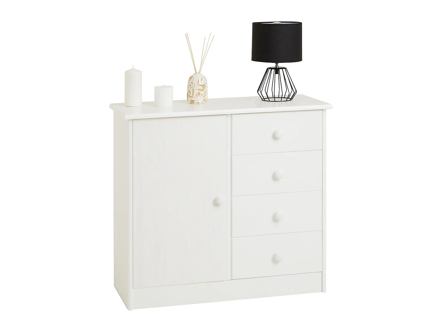 Commode en pin massif blanc RONDO buffet meuble de rangement avec 4 tiroirs et une porte
