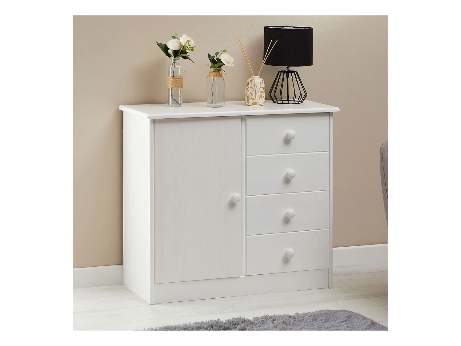 Commode en pin massif blanc RONDO buffet meuble de rangement avec 4 tiroirs et une porte
