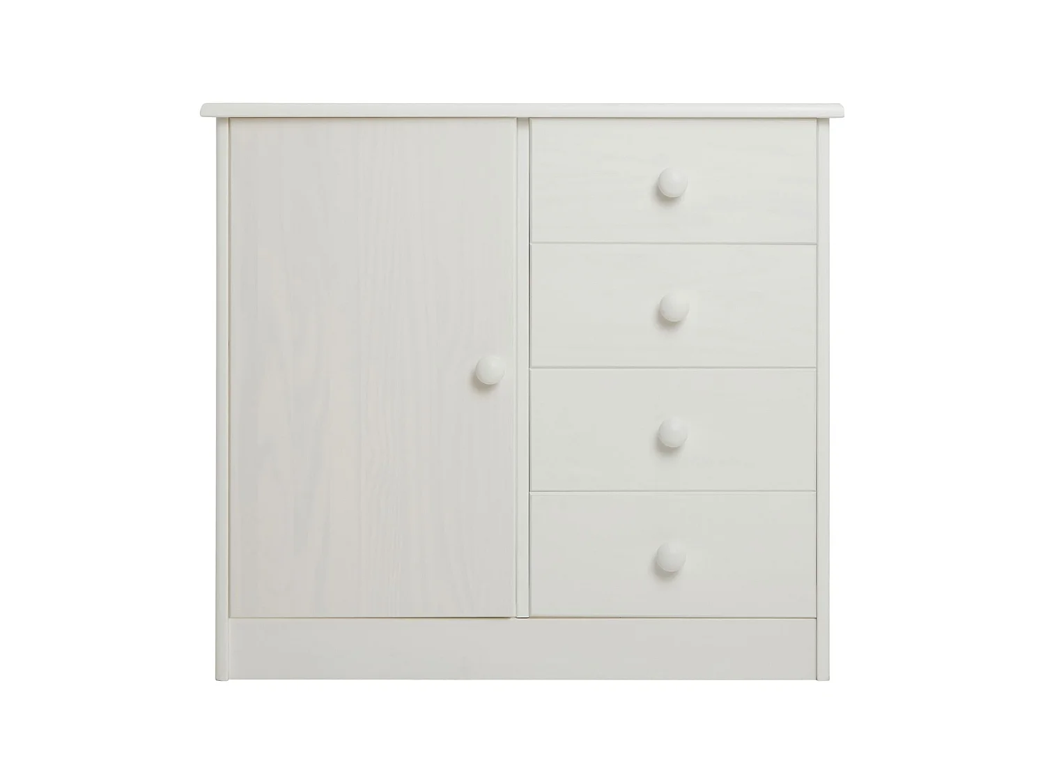 Commode en pin massif blanc RONDO buffet meuble de rangement avec 4 tiroirs et une porte