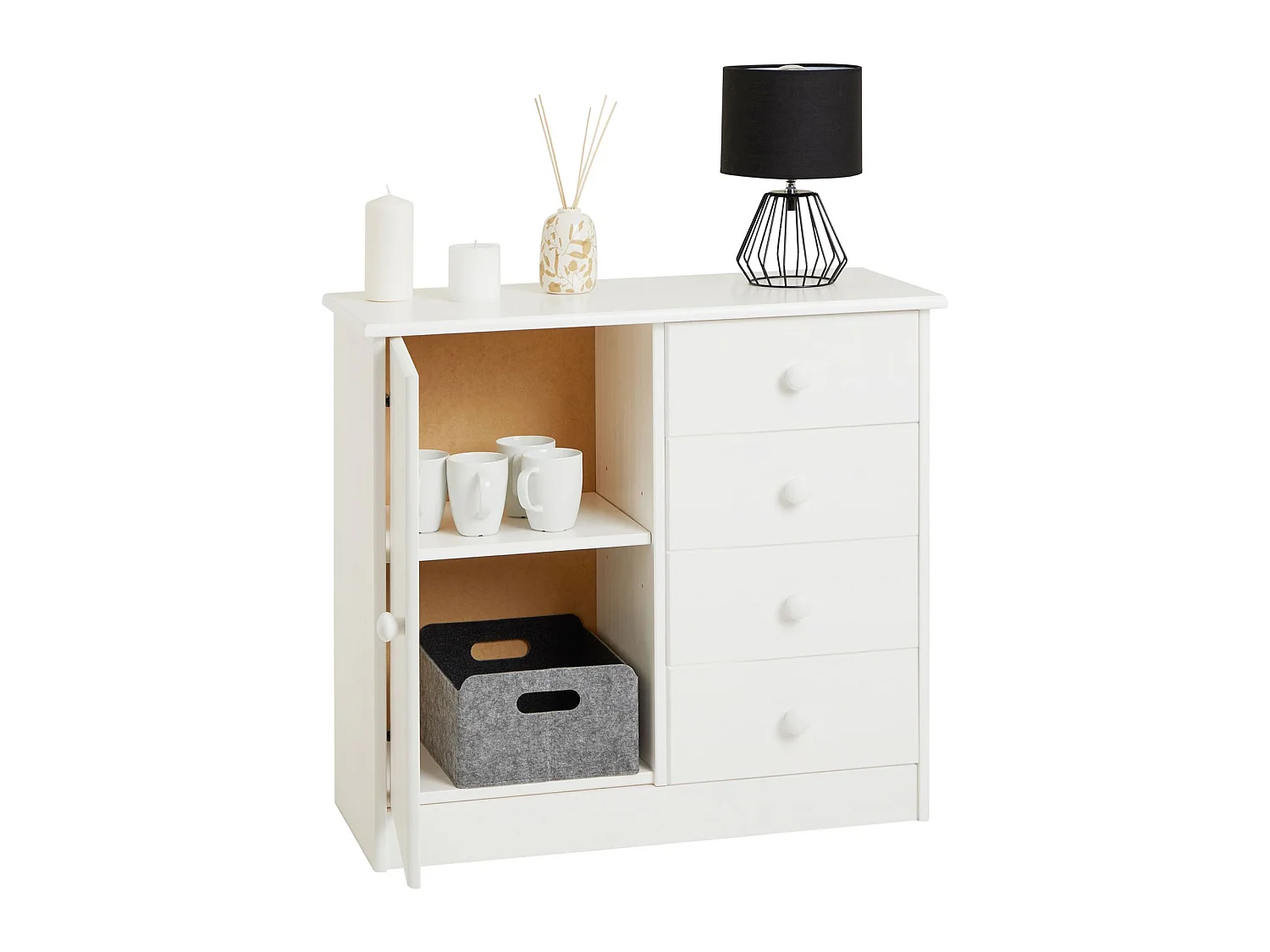 Commode en pin massif blanc RONDO buffet meuble de rangement avec 4 tiroirs et une porte