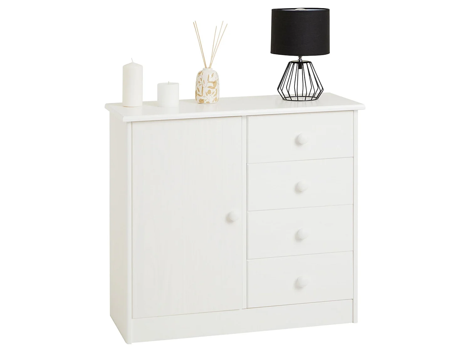 Commode en pin massif blanc RONDO buffet meuble de rangement avec 4 tiroirs et une porte