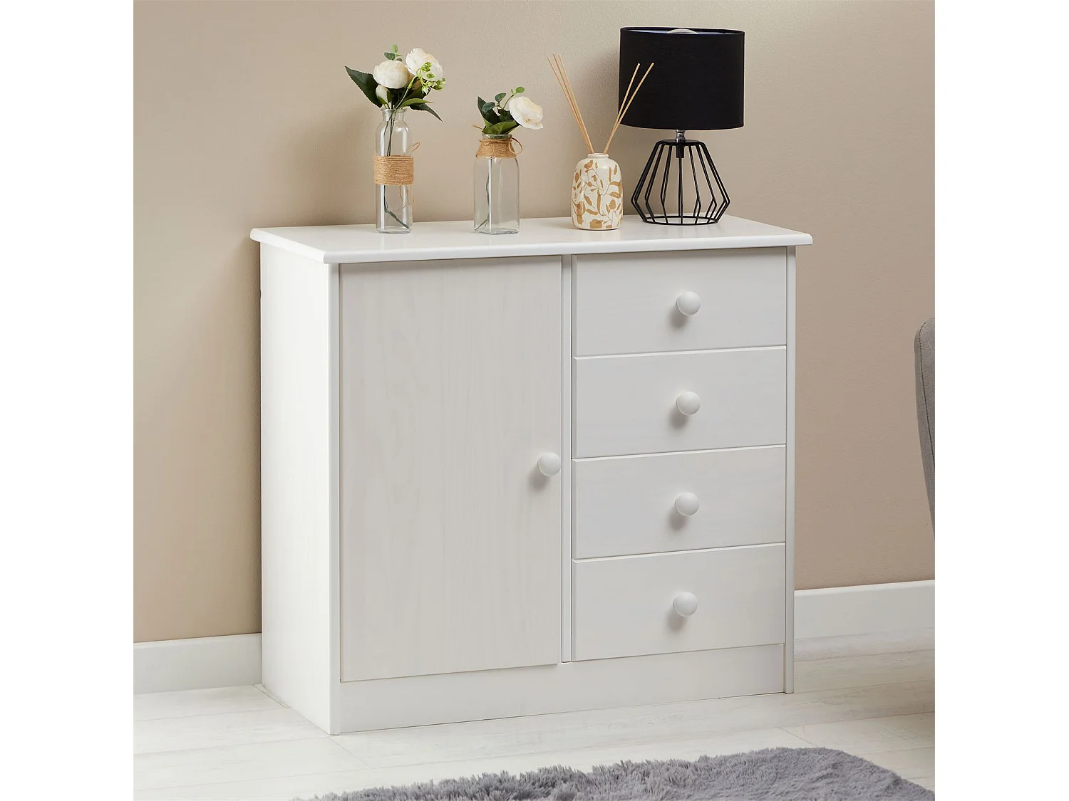 Commode en pin massif blanc RONDO buffet meuble de rangement avec 4 tiroirs et une porte