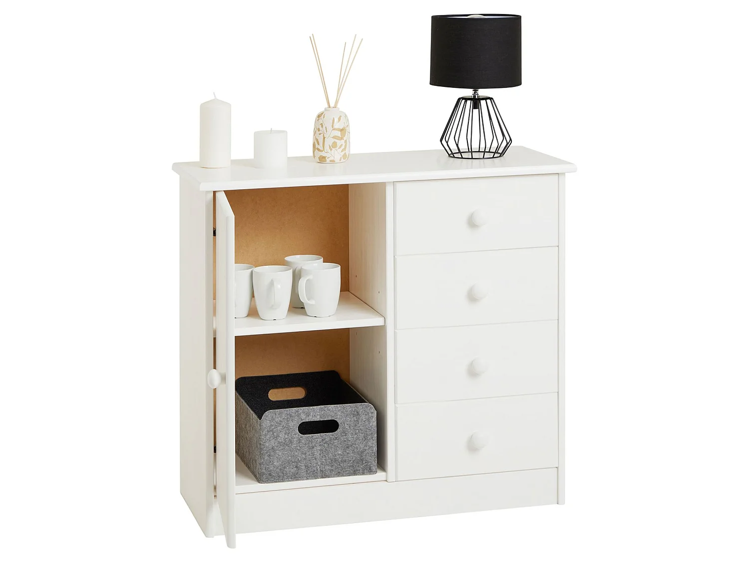 Commode en pin massif blanc RONDO buffet meuble de rangement avec 4 tiroirs et une porte