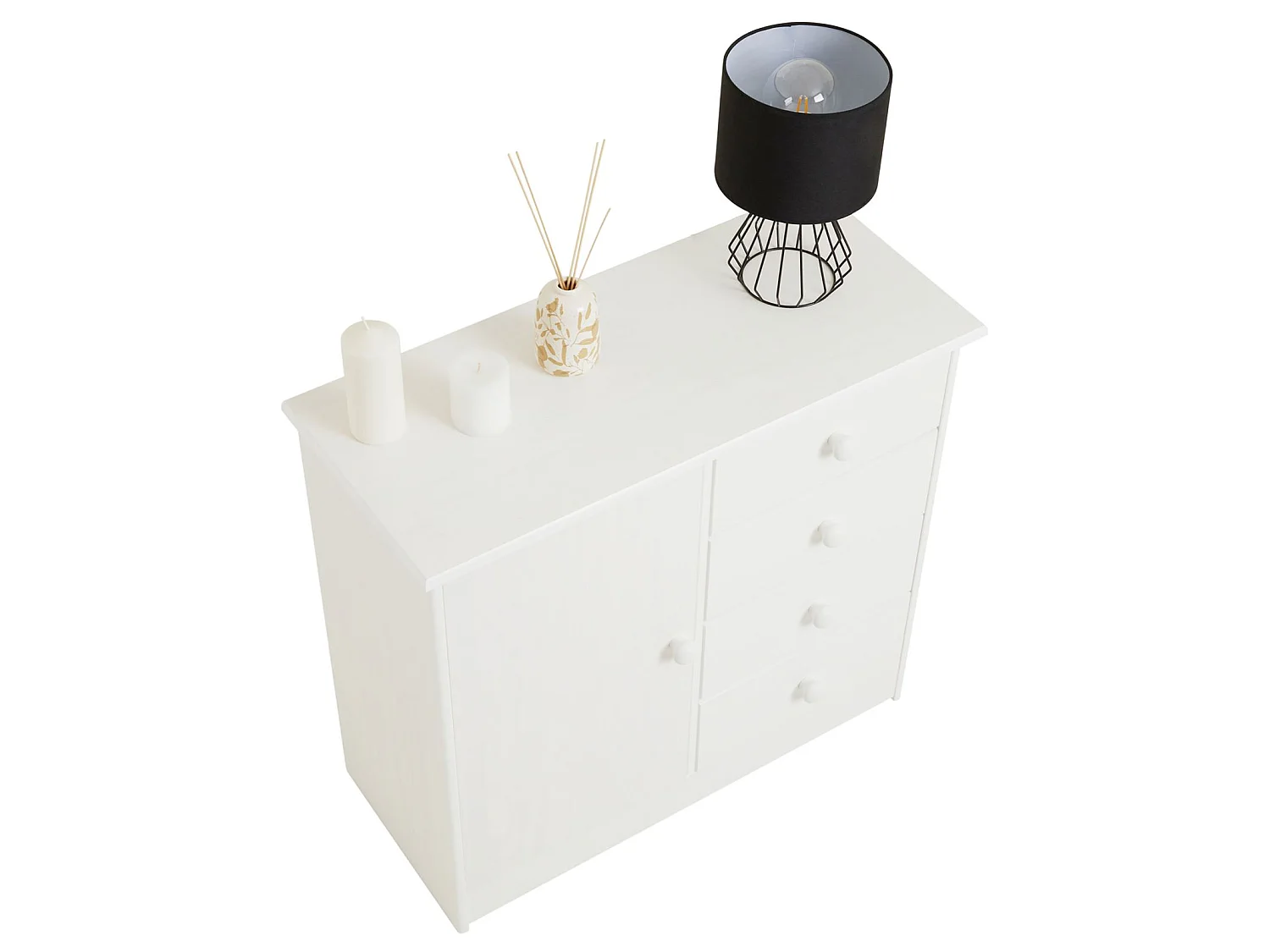 Commode en pin massif blanc RONDO buffet meuble de rangement avec 4 tiroirs et une porte