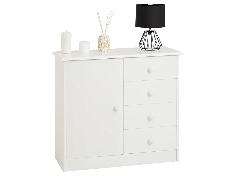 Commode en pin massif blanc RONDO buffet meuble de rangement avec 4 tiroirs et une porte