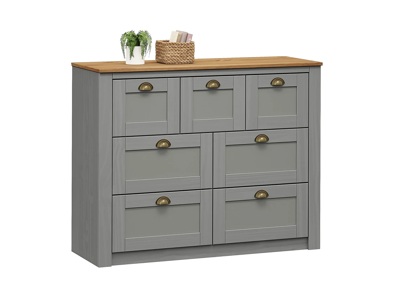 Commode chambre BOLTON L 110 cm en bois massif lasuré gris et brun 7 tiroirs meuble de rangement adulte buffet