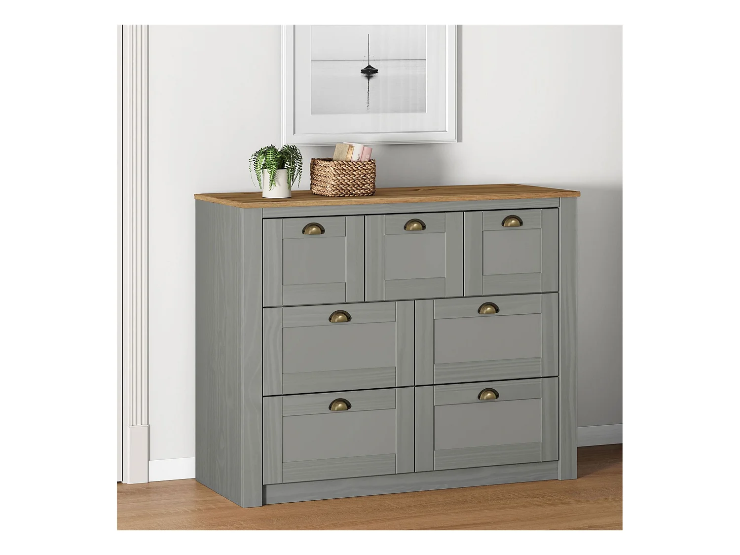 Commode chambre BOLTON L 110 cm en bois massif lasuré gris et brun 7 tiroirs meuble de rangement adulte buffet
