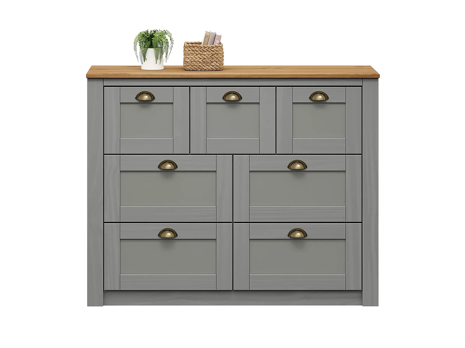 Commode chambre BOLTON L 110 cm en bois massif lasuré gris et brun 7 tiroirs meuble de rangement adulte buffet
