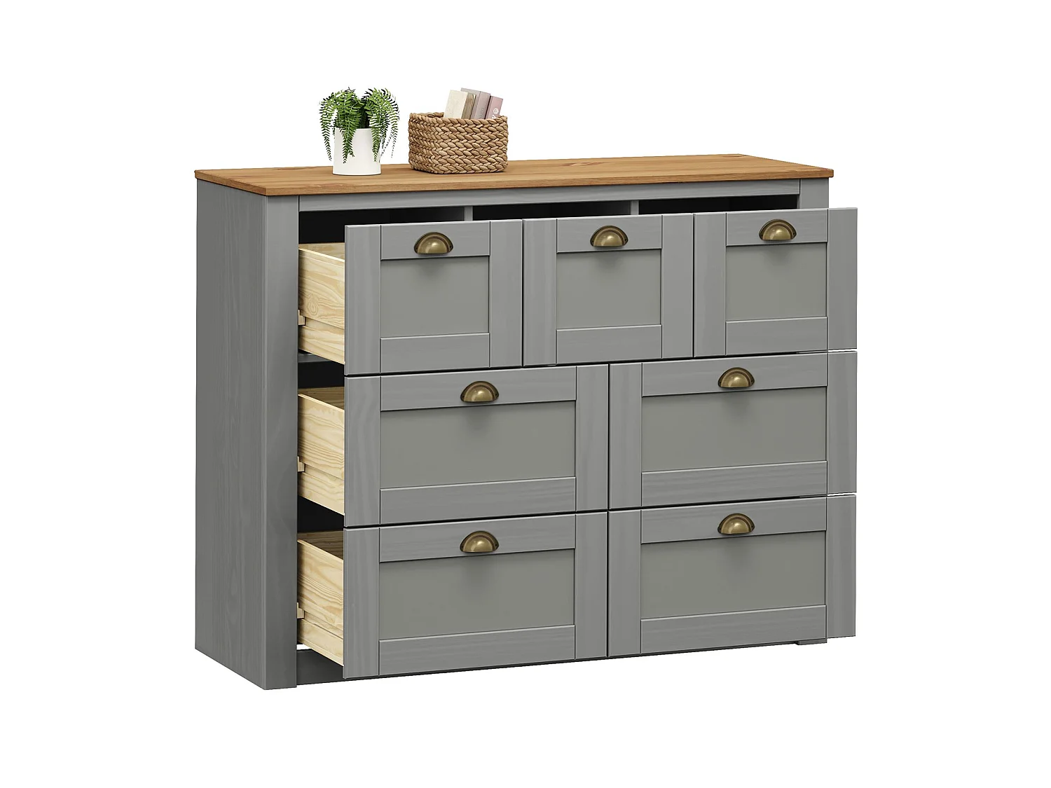 Commode chambre BOLTON L 110 cm en bois massif lasuré gris et brun 7 tiroirs meuble de rangement adulte buffet