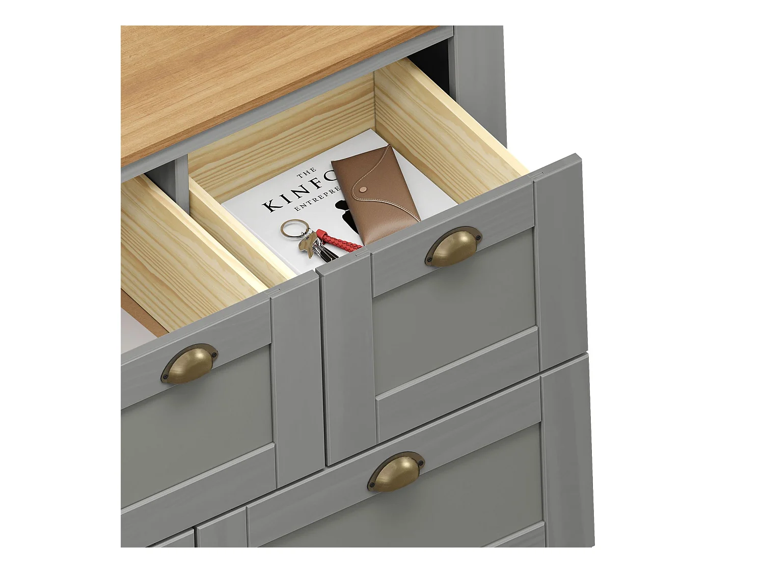 Commode chambre BOLTON L 110 cm en bois massif lasuré gris et brun 7 tiroirs meuble de rangement adulte buffet