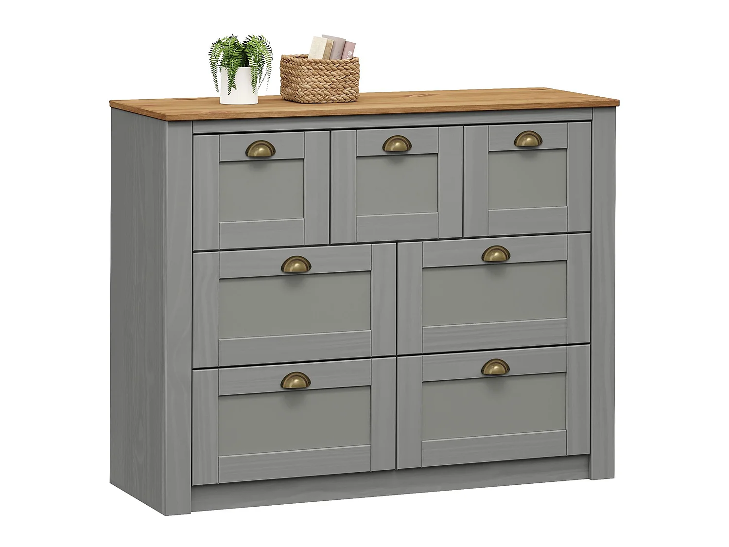 Commode chambre BOLTON L 110 cm en bois massif lasuré gris et brun 7 tiroirs meuble de rangement adulte buffet