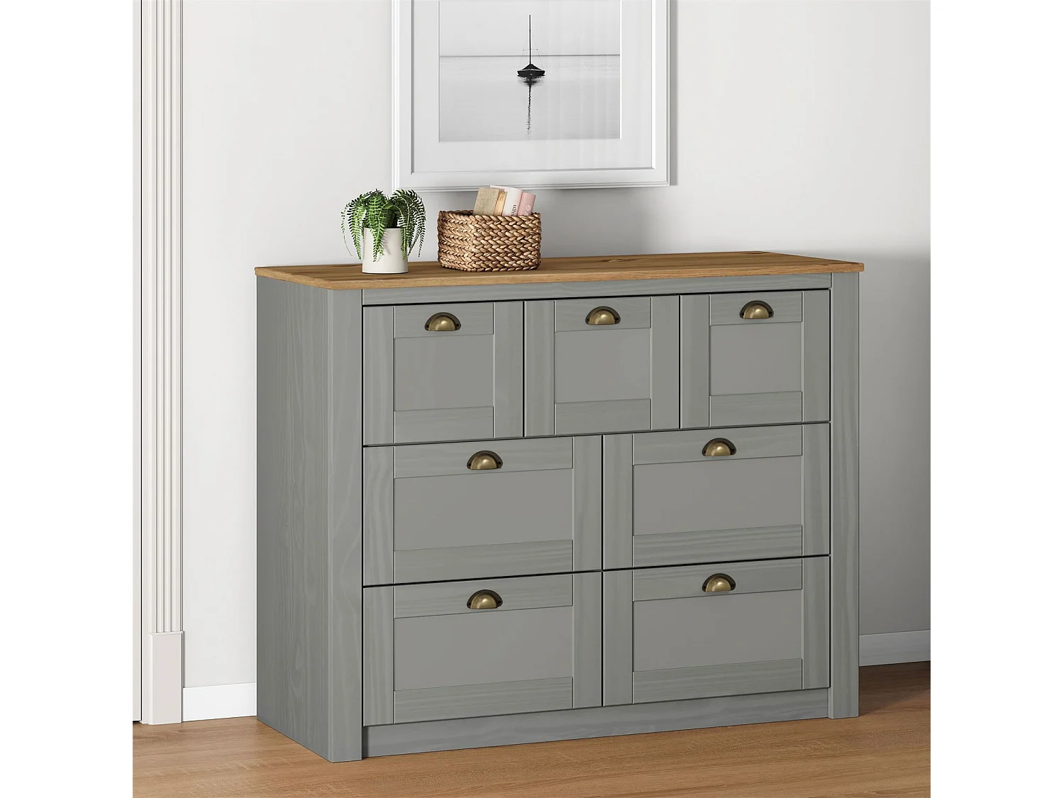 Commode chambre BOLTON L 110 cm en bois massif lasuré gris et brun 7 tiroirs meuble de rangement adulte buffet