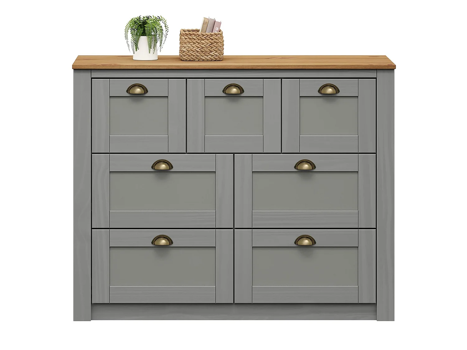 Commode chambre BOLTON L 110 cm en bois massif lasuré gris et brun 7 tiroirs meuble de rangement adulte buffet