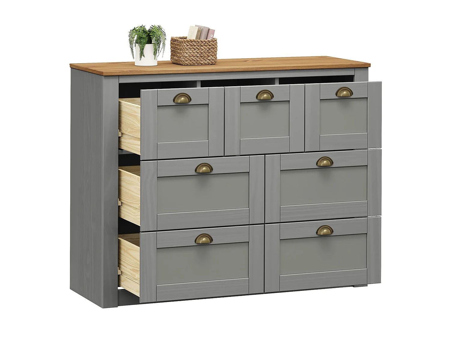 Commode chambre BOLTON L 110 cm en bois massif lasuré gris et brun 7 tiroirs meuble de rangement adulte buffet